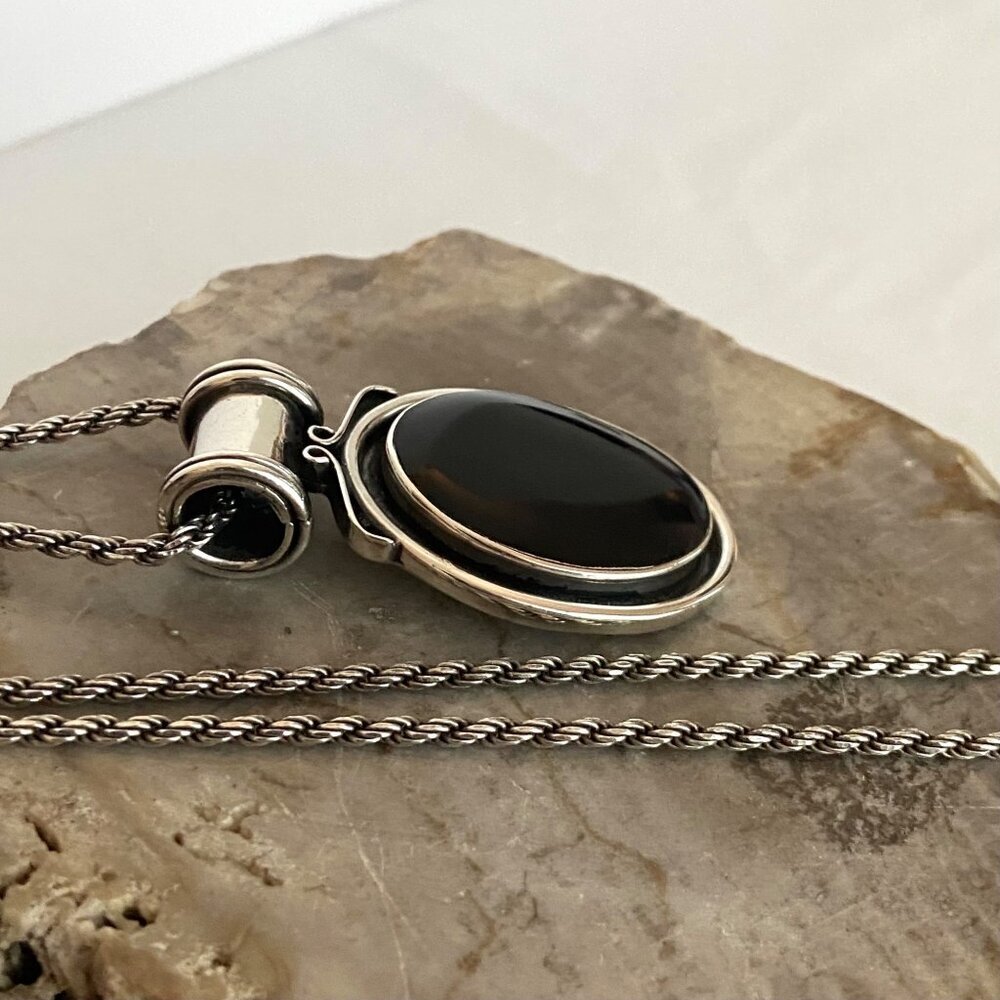 Sterling Silver 925 2" Chunky Oval Black Onyx Pendant Necklace 18" Rope Chain - Picture 4 of 16